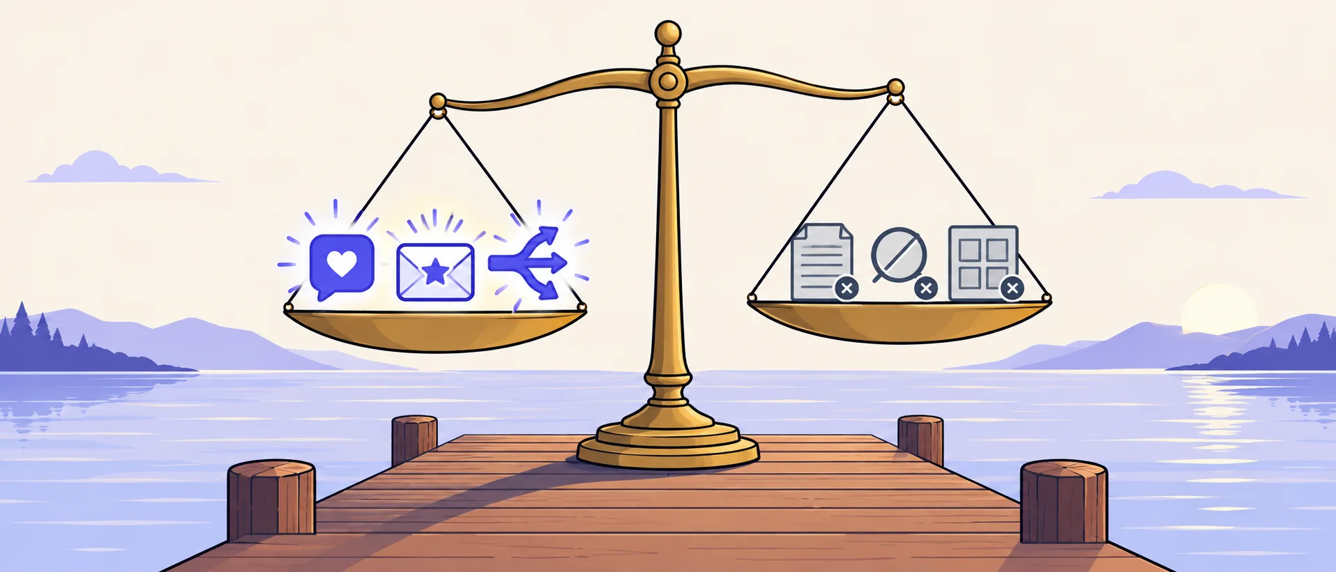 A scale weighing what matters for a newsletter - voice, subject lines, repurposing - against what does not: word limits, SEO scores, template galleries