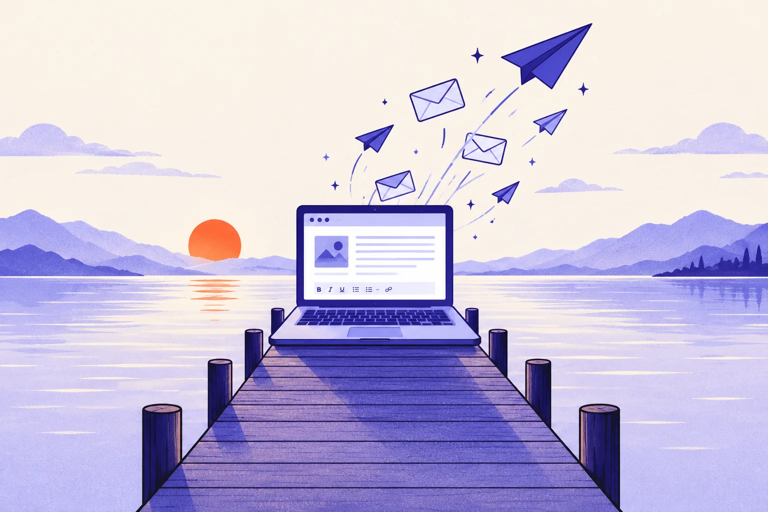 A wooden pier over calm water at dawn, a laptop at the end writing a newsletter, paper airplanes flying out